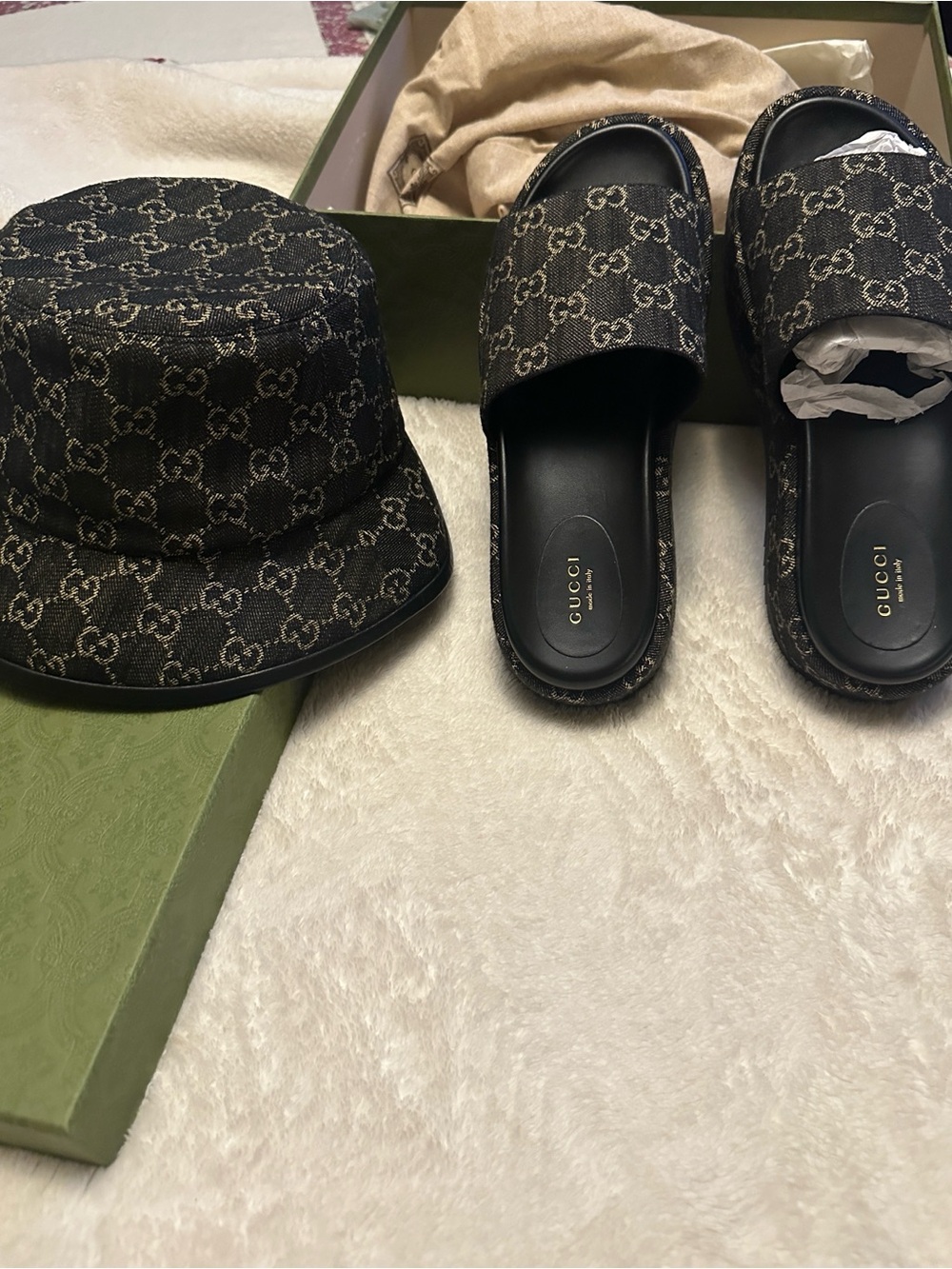 Gucci Black GG Monogram Canvas Slides with Matching Bucket Hat only for photo